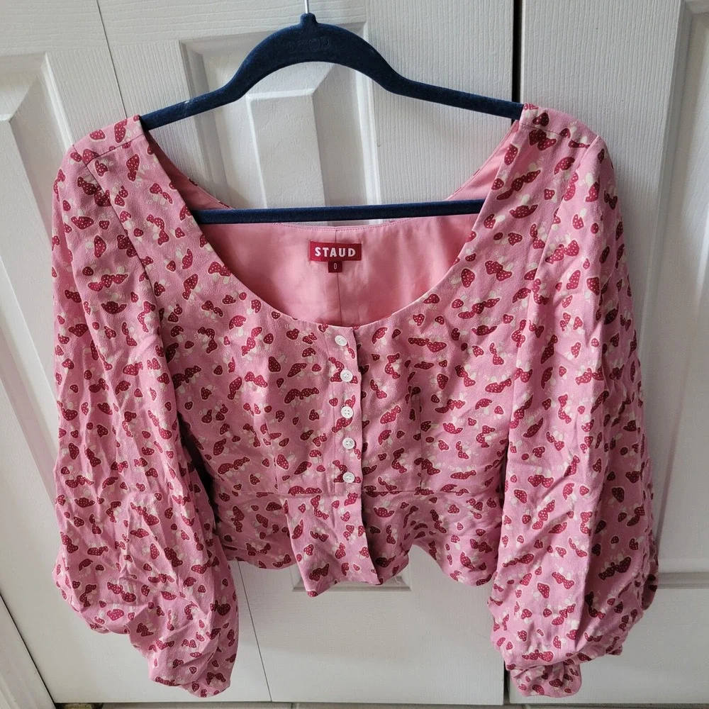 STAUD Mushroom Print‎ Puff Balloon Sleeve Crop Top Size 0 Pink Coquette Blouse